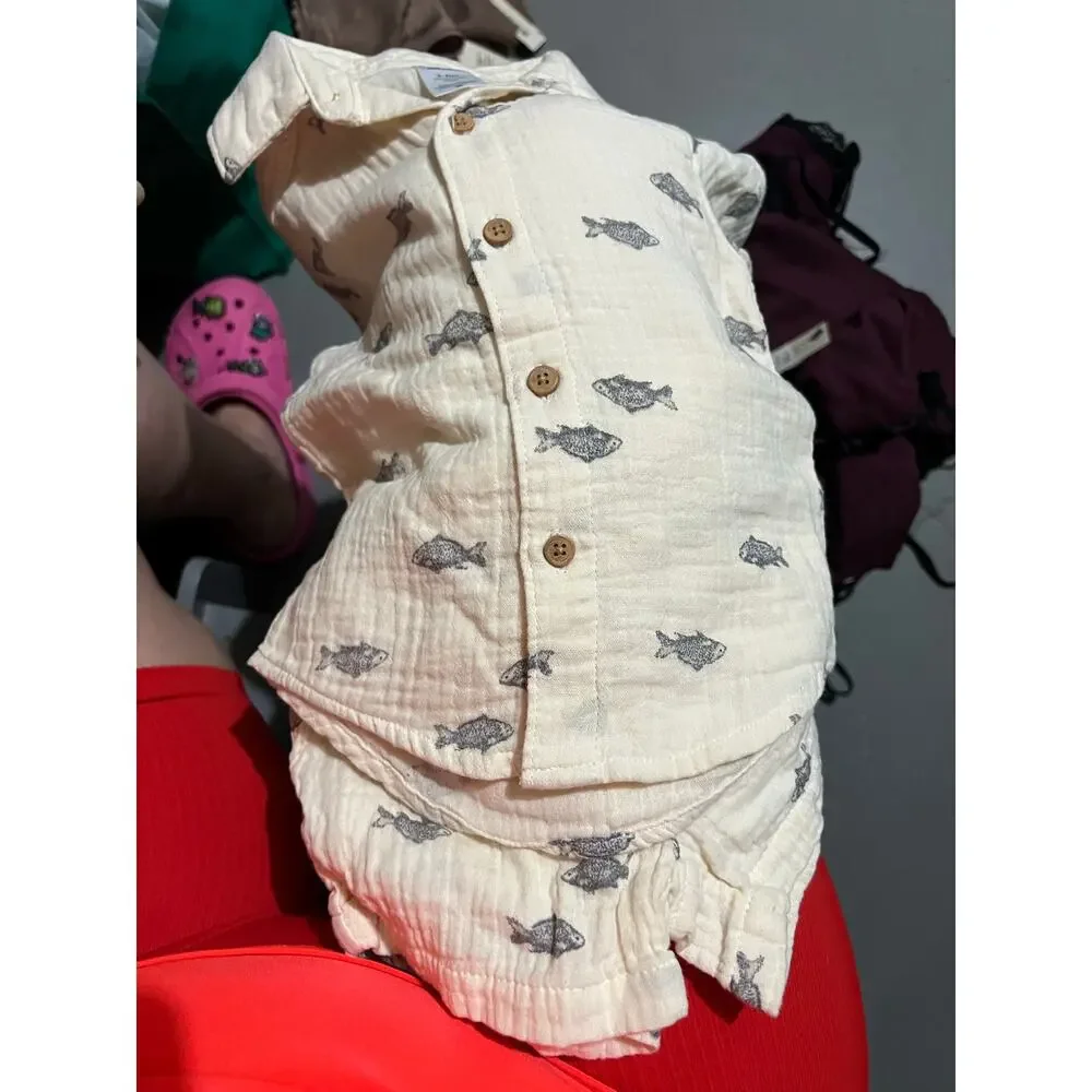 Carter's Child of Mine 2-Piece Baby Boy Outfit Set shirt shorts 3-6 Month beige